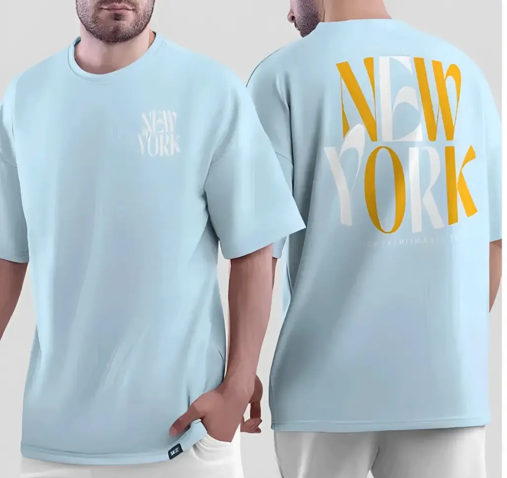 Men's Light Blue Printed Oversized T-Shirt