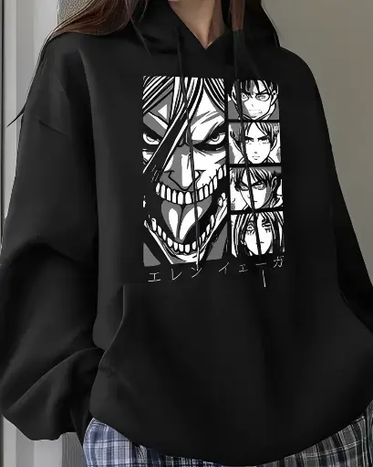 ﻿Black Manga Printed Hoodie for Women﻿